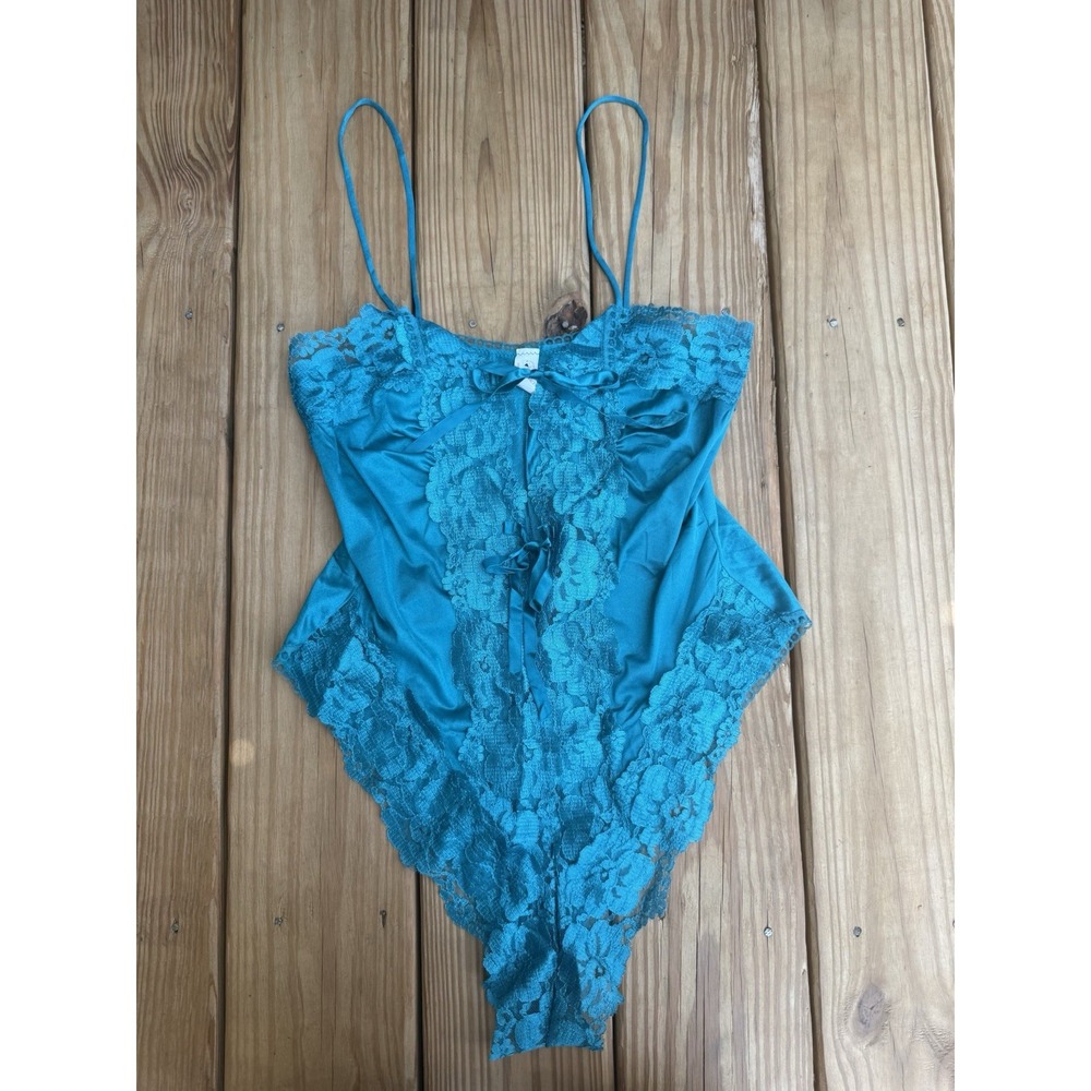 Vintage Alana Gale Blue Lace Trim Nylon  Lingerie Teddy Size M Front Tie